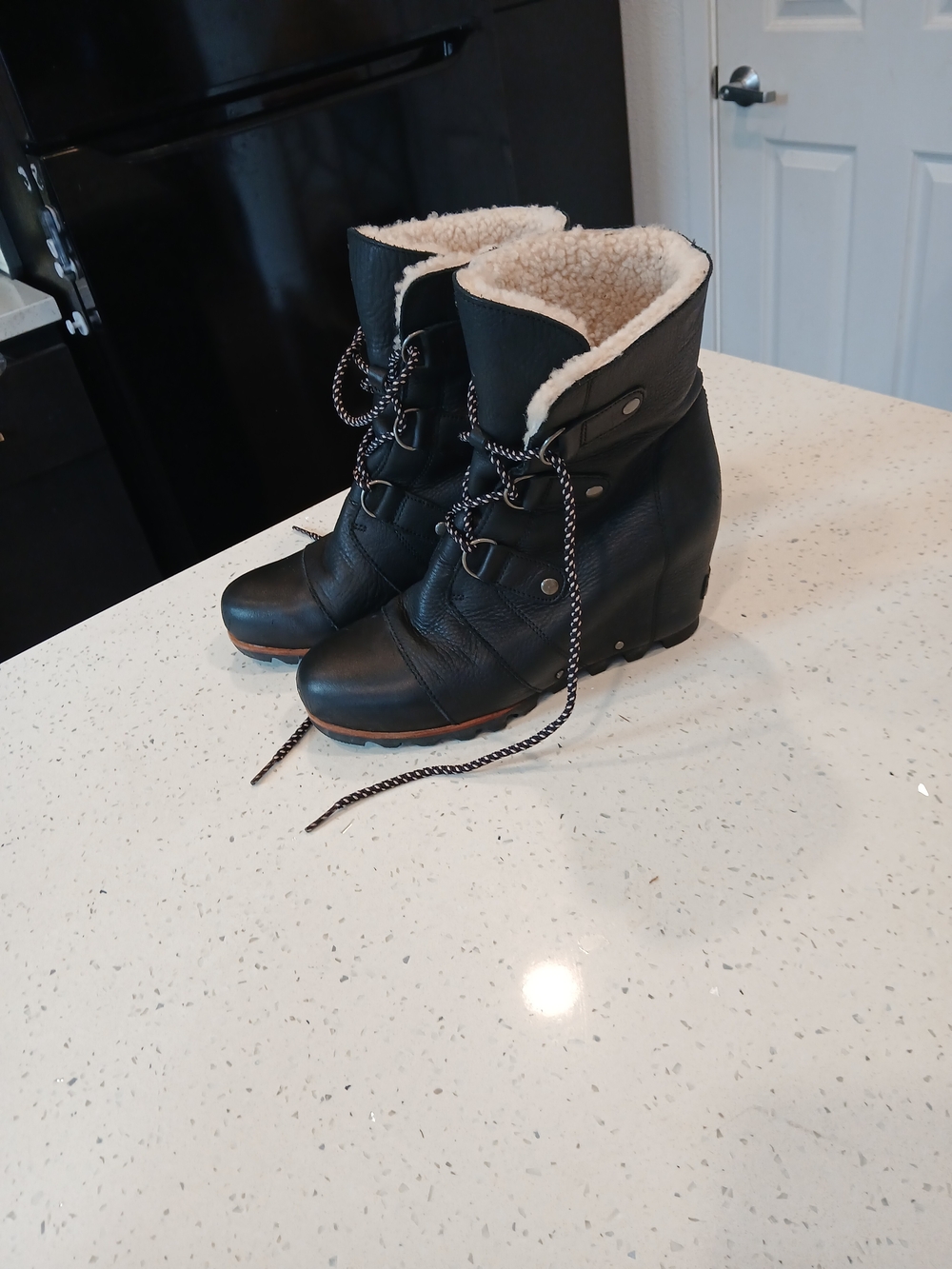 Sorel Black Wedge Lace-Up Sherpa Boots